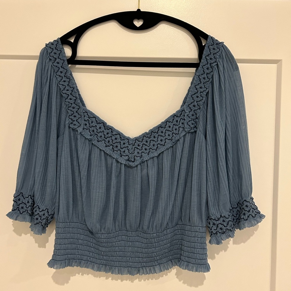 Free People Blue Embroidered Boho Top